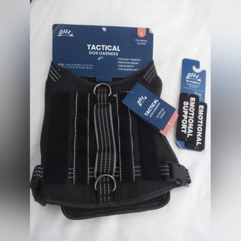 NWT • YOULY Tactical Dog Harness & Working Dog Patches (Size Large • Black)